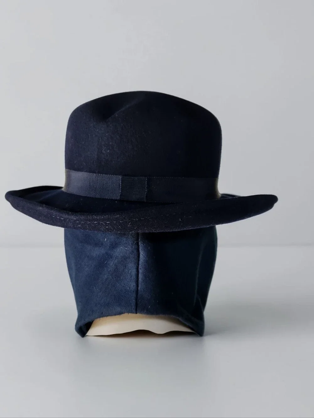 Bollman Wool Scarf Wrap Hat Navy Curled Brim Doeskin USA Mid Century Round